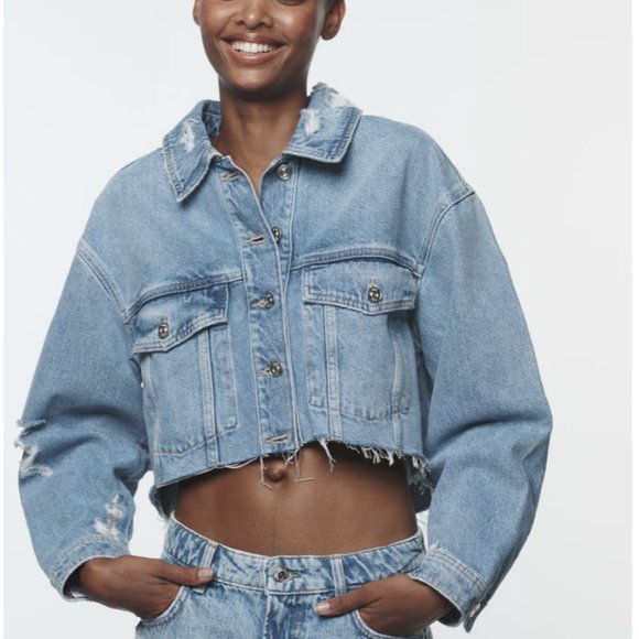 Zara Jackets & Blazers - Zara Distressed Denim Blue Jean Jacket Slim Fit Ripped Crop Cropped Z1975 Large